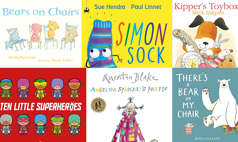 Front covers of "Bears on Chairs" by Shirley Parenteau and David Walker, "Simon Sock" by Sue Hendra and Paul Linnet, "Kipper's Toybox" by Mick Inkpen, "Ten Little Superheroes" by Mike Brownlow and Simon Rickerty, "Angelica Sprocket's Pockets" by Quentin Blake, and "There's A Bear on my Chair" by Ross Collins